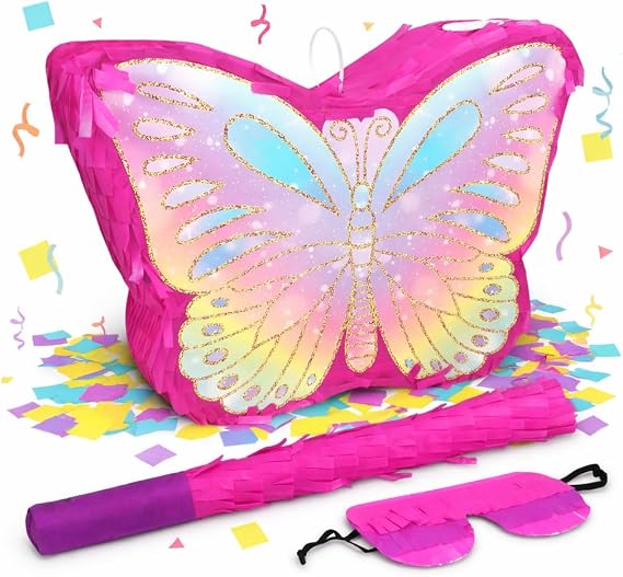 Butterfly Pinata Party Game Set |Colorful Birthday Party Decoration with Stick & Blindfold, Spring Theme Party Supplies for Girls Celebration (16 x 12.6 x 4.2 in)