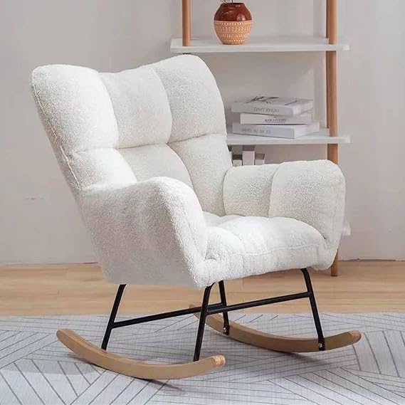 Rocking Chair Nursery Teddy, Upholstered Baby Fluffy Glider Rocker for Indoor, Comfy Compact Nursing Chairs for Small Spaces, Living Room, Classroom, Bedroom,white
