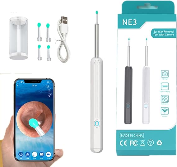 AEX Earpick, NE3TM - CleanEar Pro, Rechargeable Ear Wax Removal Tool with Camera (White)