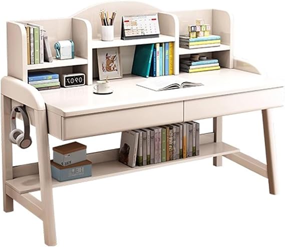 Solid Wood Study Desk With Bookshelf Writing Computer Desk With Drawer Shelf & Side Hook Home Office Table For Students Teens Or Bedroom Use(White,120x60x76cm)