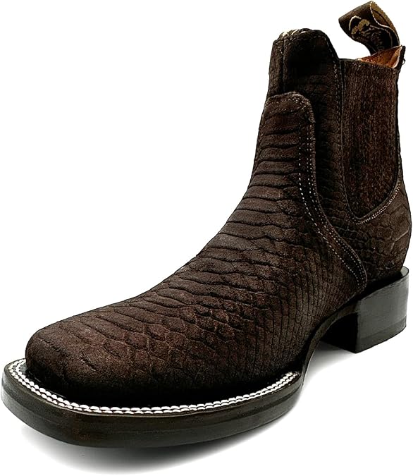 The Western Shops Mens Genuine Leather Square Toe Embossed Python Snake Print Short Ankle Cowboy Boot