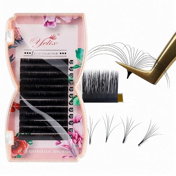 YELIX Auto Blooming Easy Fan Lash Extensions 0.05/0.07mm Thickness C/CC/D Curl 8-15mm Mixed Length, Self Fanning Volume Individual Lashes for Salon Lash Artists (C, 0.07 Thickness 8-15mm)