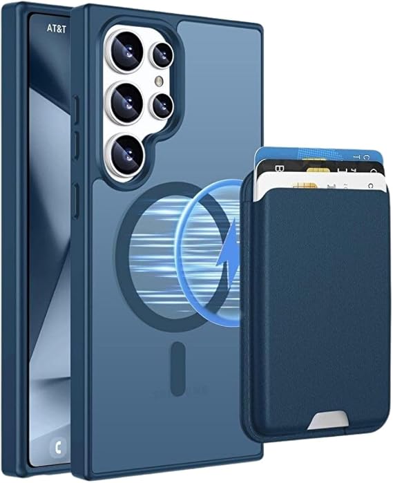 PSR Aksesuar Samsung Galaxy S25 Ultra Uyumlu M-Safe Kablosuz Şarj Destekli Mat Kılıf + MagSafe Kartlıklı Cüzdan - Tam Koruma Seti (Lacivert, Samsung Galaxy S25 Ultra)