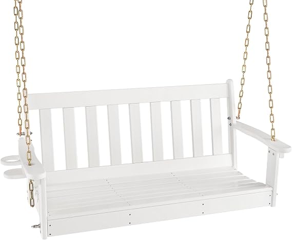 COSTWAY 2 Seater Garden Swing Chair, HDPE Porch Swing Bench Loveseat Chair with Adjustable Chains and Cup Holder, Outdoor Hanging Swing Seat Hammock for Yard Patio Tree, 320kg Weight Capacity