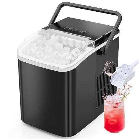 Sweetcrispy Countertop Ice Maker with Scoop, Basket and Handle, Portable Ice Machine 9 Cubes Ready in 6 Mins, 26.5lbs in 24Hrs, 2 Sizes for Home Kitchen Office Bar Party, Coal Black