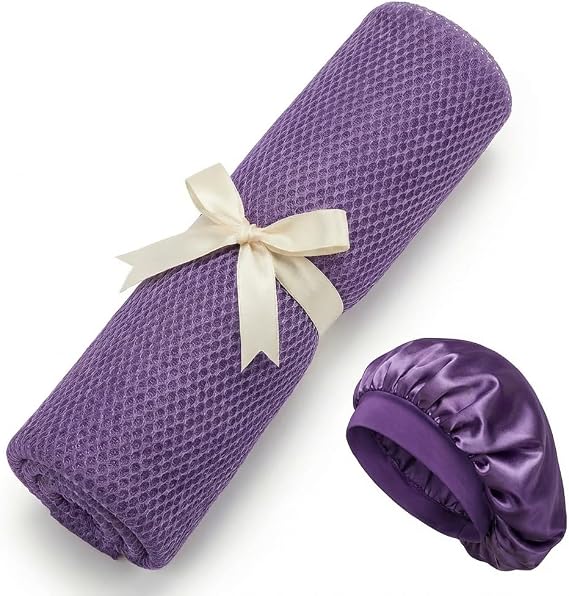 African Net Sponge, Exfoliating Body Scrubber, Soft Satin Silk Bonnet for Men Women Hair Bonnet for Sleeping, Double Layer Silk Sleep Cap, Purple, HomeyVenture
