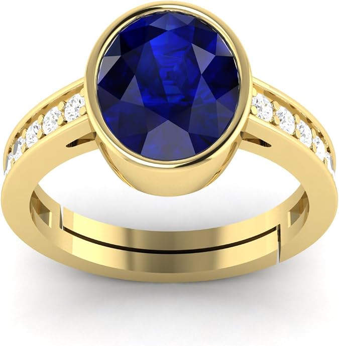 LMDPRAJAPATIS 3.25 Carat 6X8 MM Oval Blue Sapphire Birthstone 22 k Gold Plated Jewellery Ring (Gemstone Tested By Lab Certificate)