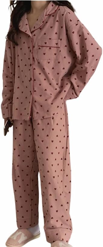 codcm Womens Cotton Flannel Pajama Set Cute Heart Pjs Long Sleeve Button Down Shirt and Long Pants Warm Sleepwear