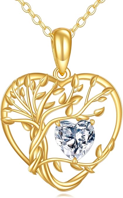 KECHO 14K Solid Gold Tree of Life Necklace Yellow Gold Heart Crystal Pendant 14K Real Gold Jewelry Gifts for Women