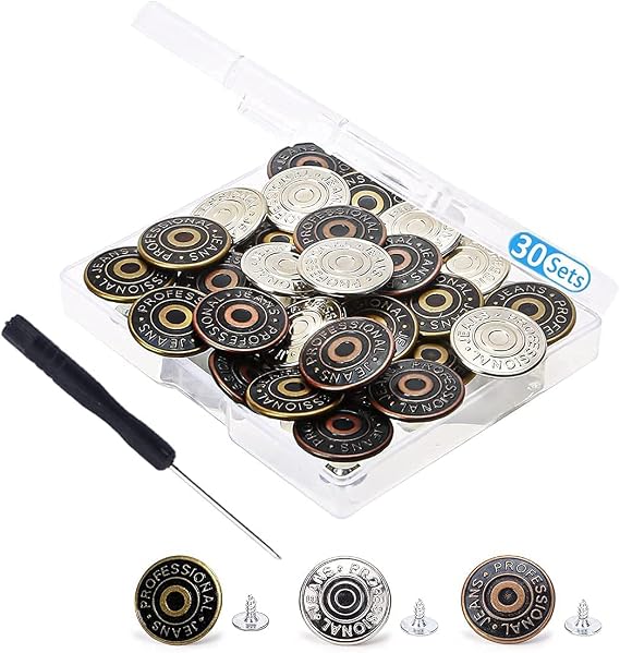 30 Sets Jeans Replacement Buttons 17mm Jean Buttons Replacement Kit with Rivets and Metal Base in Storage Box (Bronze,Silver,Copper)