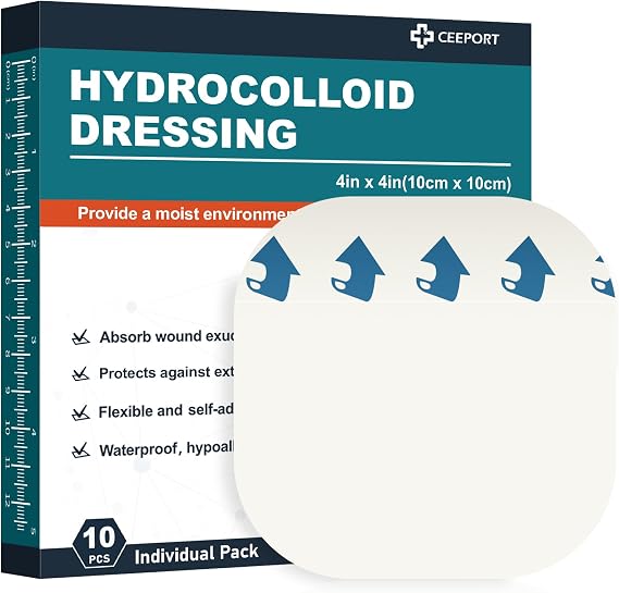 Ceeport 10 Pack Hydrocolloid Wound Dressing, 4" x 4" Ultra Thin Hydrocolloid Bandages with Self-Adhesive, Waterproof Hydrocolloid Patch for Bed Sore, Mild Burn, Blister, Acne Care
