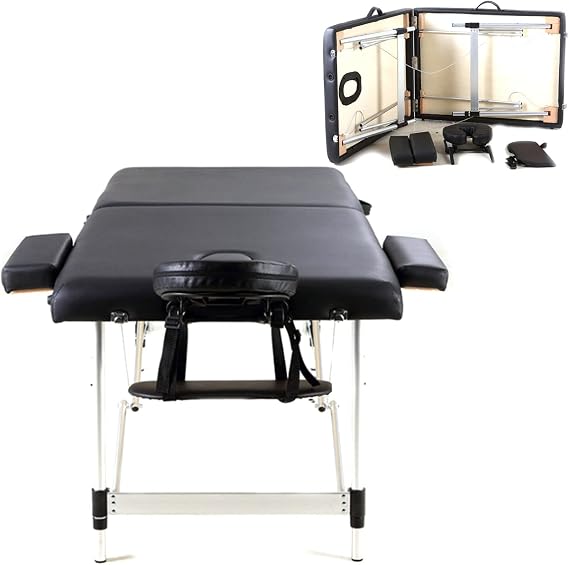 Portable Massage Table Spa Bed 2 Folding Height Adjustable Aluminium Facial Salon Tattoo Bed with Headrest & Armrest 185 * 60cm (73 * 23in)