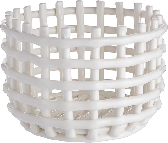 BUTLERS Wicker Basket Stoneware Craft Organiser System | Colour: white, diameter 16 x height 12 cm, shelf basket for bathroom and hallway, wicker basket for bathroom accessories and