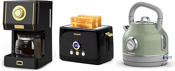 Amaste Black Coffee Maker & Black Toaster & Green Retro Electric Kettle Set