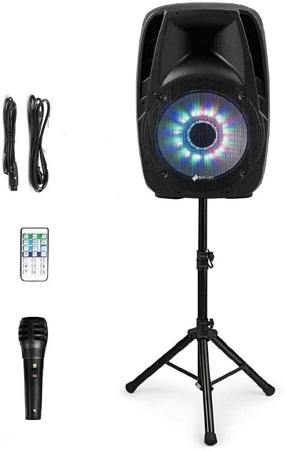 Sonart 15" 1500W Powered Speakers, 2-Way Full Range Portable PA Speaker System Combo Set With Stands/Illuminating Light/Microphone/EQ/USB/Bluetooth