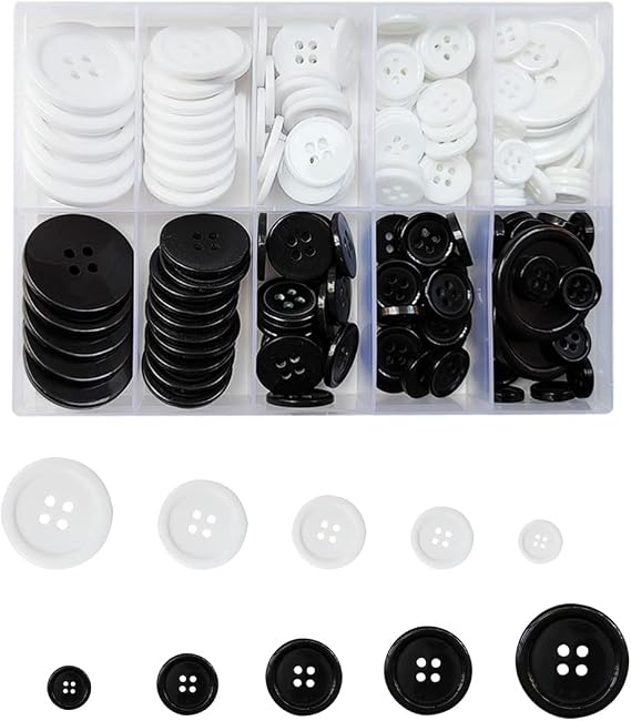 160 Pcs Mixed Sewing Buttons - 4-Hole, 5 Sizes, Black & White, Round Craft Buttons