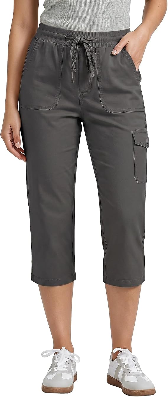 GRAPENT Capri Pants for Women Cargo Elastic Waist Pull On Drawstring Summer Casual Capris Cotton Chino Cropped Pants