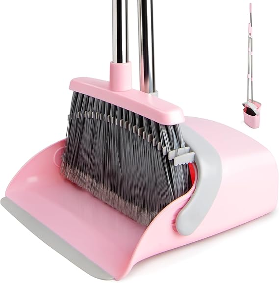 Long Handle Dustpan and Brush Set, Soft Bristles,Gray Pink