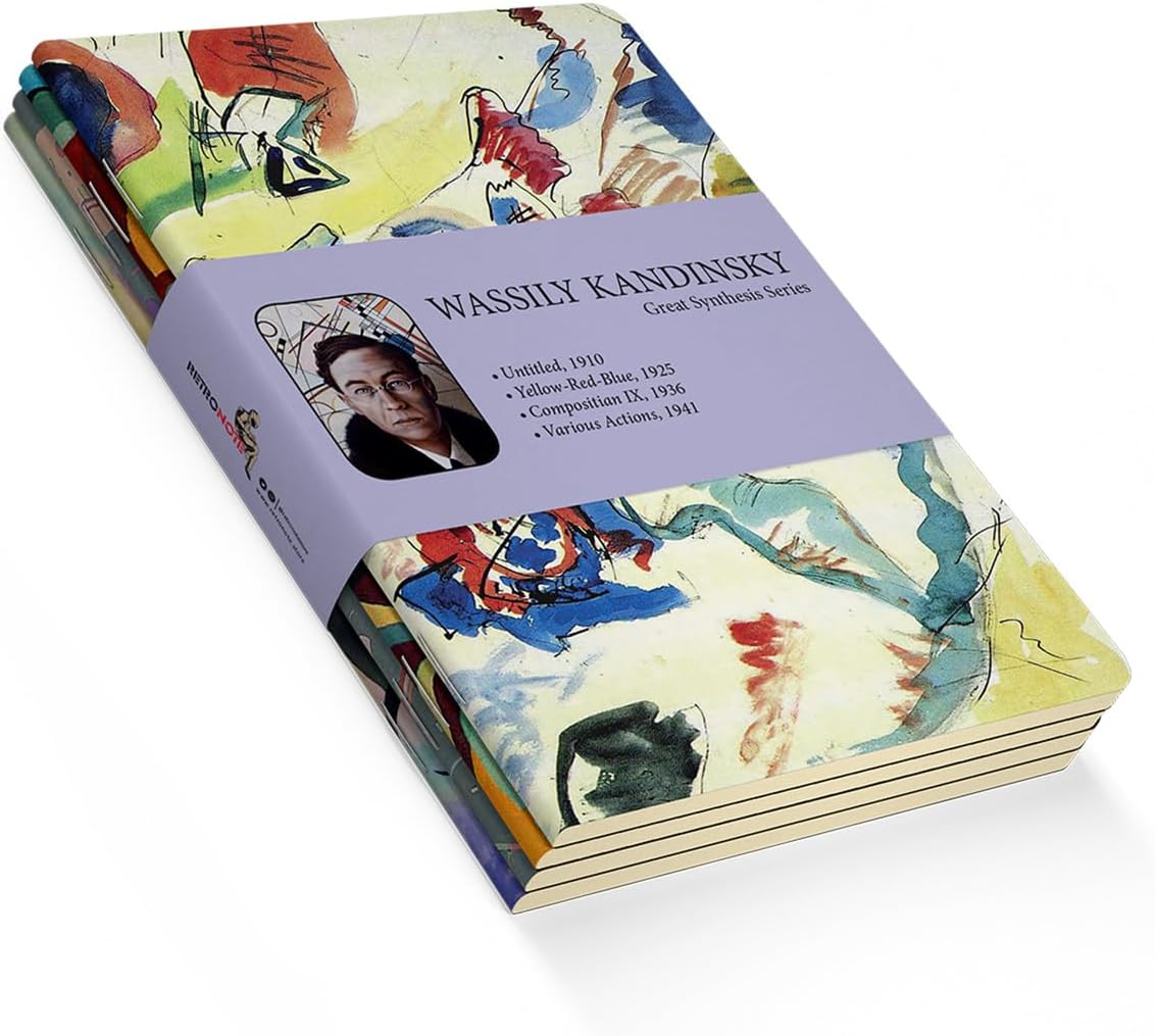 Retronote Great Synthesis Series - A6, Wassily Kandinsky 4-Piece Notebook Set I, Unlined, Total 192 Pages, 48 Pages Each, Wire Stitching, Flexible Cover, Oval Edge, Canvas Texture, 60 grams, Yellow Cream Color