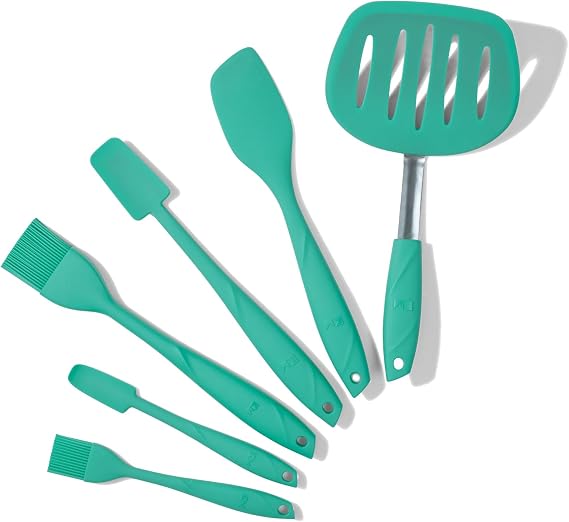 Kitchen Mama WaltzGrip Silicone Utensil Set: 6-Piece Spatula, Basting Brushes, Pancake Turner for Nonstick Cookware - Heat-Resistant, Dishwasher-Safe, Perfect for Baking (Teal)