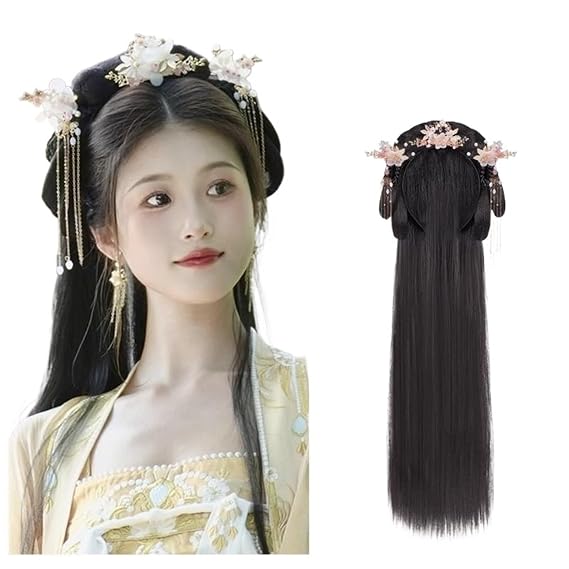 Retro Chinese Style Wig Geisha Headband Wig Retro Headwear Wigs Bun Hair Pieces Hanfu Cosplay (Size : Wig+headwear1)
