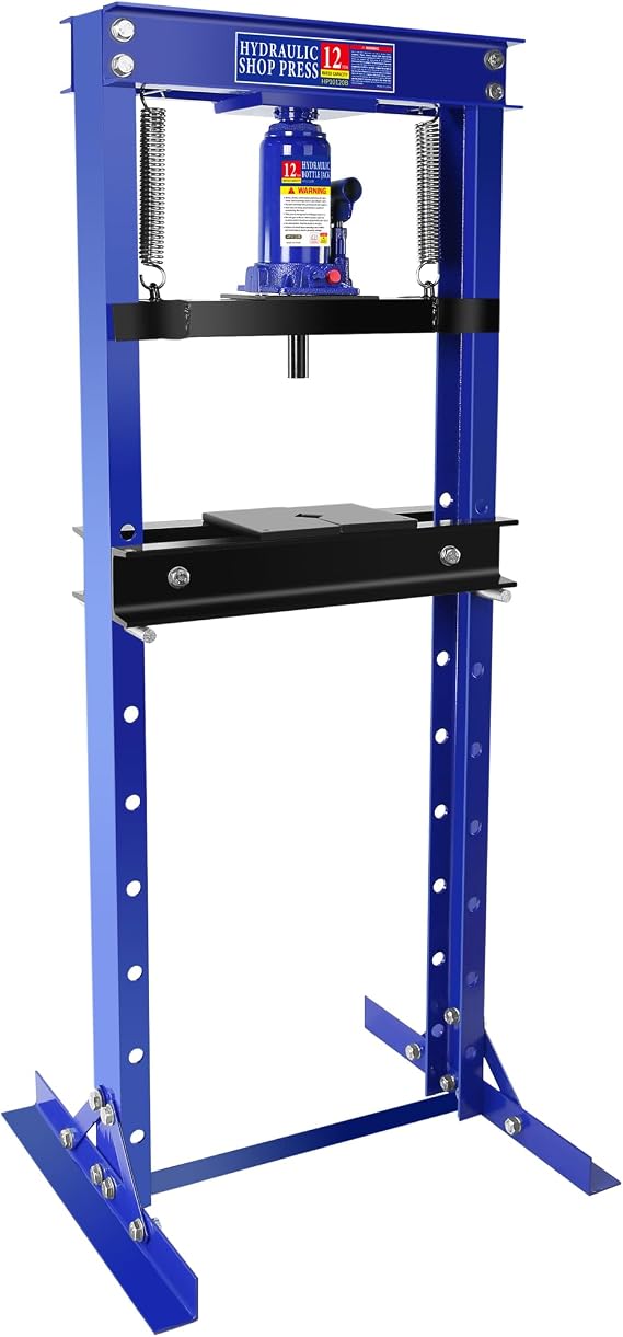 12 Ton Hydraulic Shop Press, Heavy-Duty H-Frame Bearing Press with Stamping Plates, Adjustable Worktable for Metal Bending, Straightening, Installing Bearings & U-Joints Garage Floor Press Tool