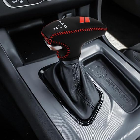 LEXLEY Leather Gear Shift Knob Cover for Dodge 2015-2023 Charger Challenger,2016-2026 Durango-Red Stitches