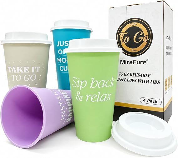Plastic Reusable Coffee Cups with Lids, 4 Pack
