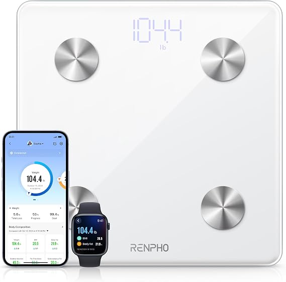 RENPHO Smart Scale, BMI & Body Fat, Bluetooth, 13 Metrics, White, Elis 1 | Bathroom Digital Scale with 400lbs Capacity, Syncs with Fitness Apps, Accurate for Weight Loss, FSA Eligible HSA