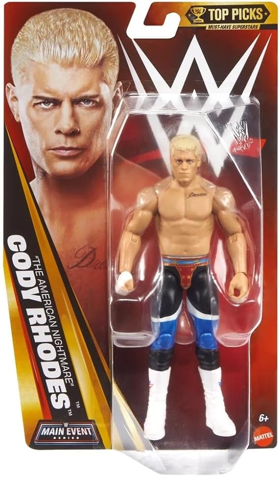 WWE Mattel Cody Rhodes Action Figure, Main Event Series Top Picks, 6-inch Collectible Superstar with 14 Articulation Points & Life-Like Look