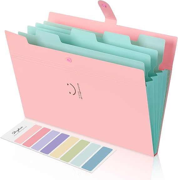 SKYDUE Expanding File Folder 5 Pockets, Skydue Letter A4 Paper Accordion Document Organizer Pink