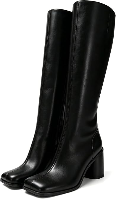 ZJGZF Tabi Boots for Women Knee High Boots Square Toe Leather Boot Chunky Block Heel Heels Cute Comfort Long Fall Tall Gogo Boot