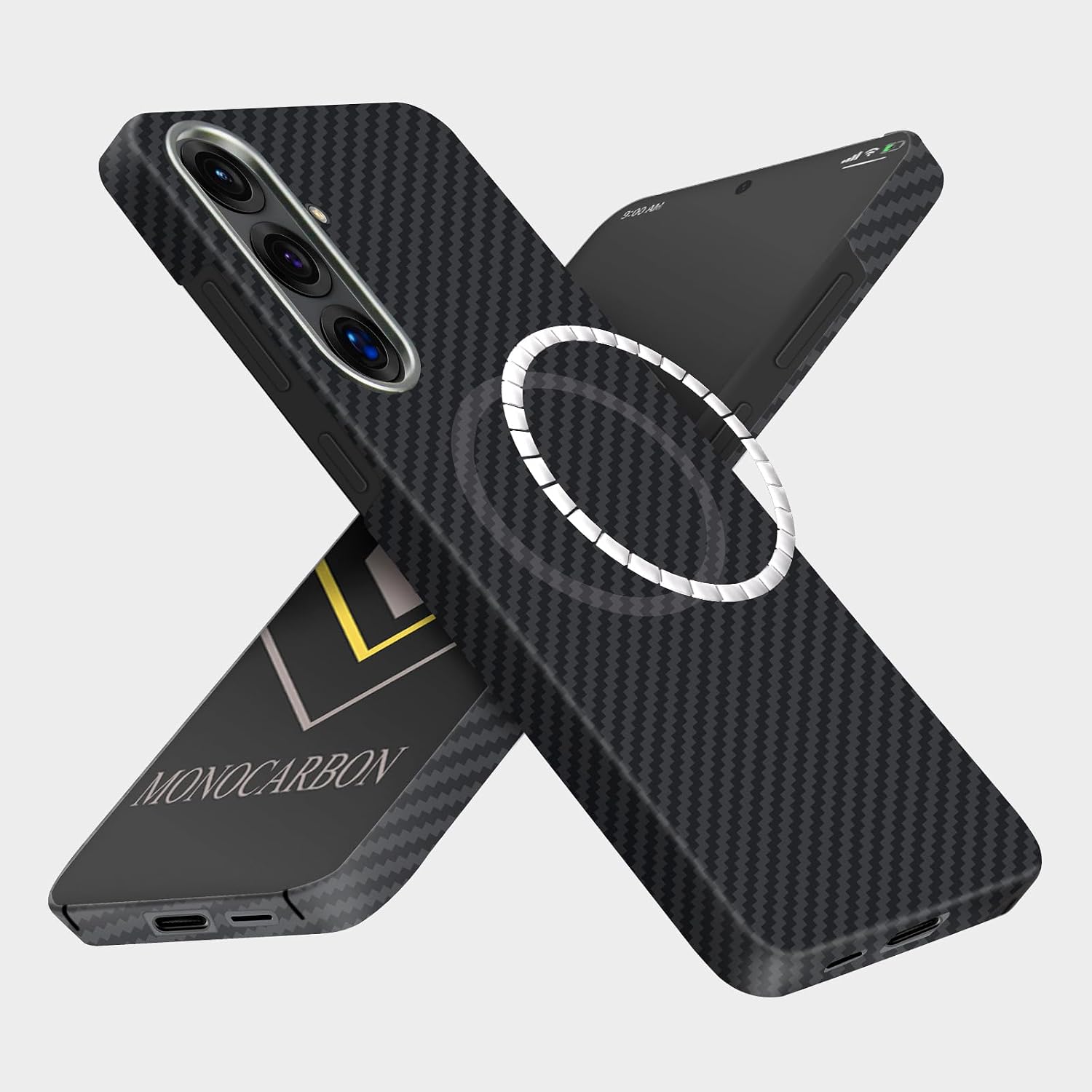 MONOCARBON リアルアラミドファイバーケース Samsung Galaxy S25 Plus6.7インチ用、MagSafe対応、ウルトラスリム&軽量保護ハードカバー、メタルカメラフレーム&スクリーン保護エッジ付き