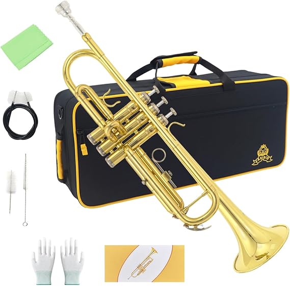 Trumpet Instrument,Band & Orchestra Musical Instruments for Beginners,With trumpets case,Mouthpiece,Cloth and Gloves (Golden)