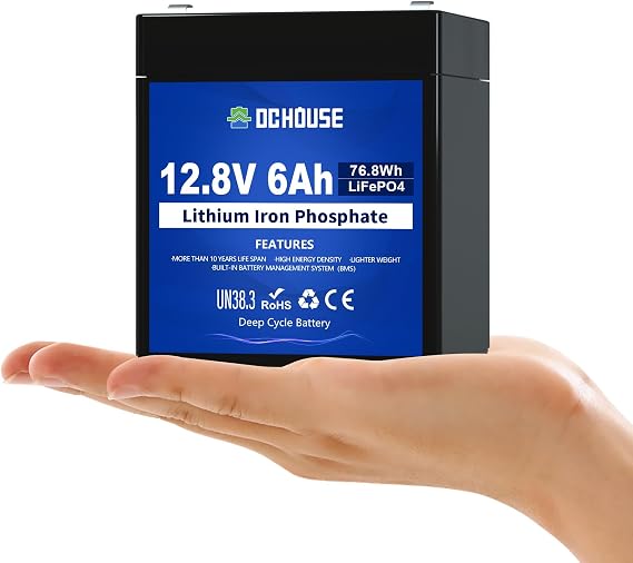 DC HOUSE 12V 6Ah Mini Lithium LiFePO4 Deep Cycle Battery, 4000+ Cycles Lithium Iron Phosphate Rechargeable Battery for Lighting, UPS, Power Wheels, Fish Finder, RV, Ride-on Toy, Camping, Built-in BMS