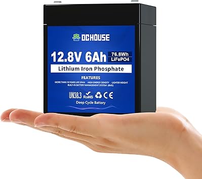 DC HOUSE 12V 6Ah Mini Lithium LiFePO4 Deep Cycle Battery, 4000+ Cycles Lithium Iron Phosphate Rechargeable Battery for Lighting, UPS, Power Wheels, Fish Finder, RV, Ride-on Toy, Camping, Built-in BMS