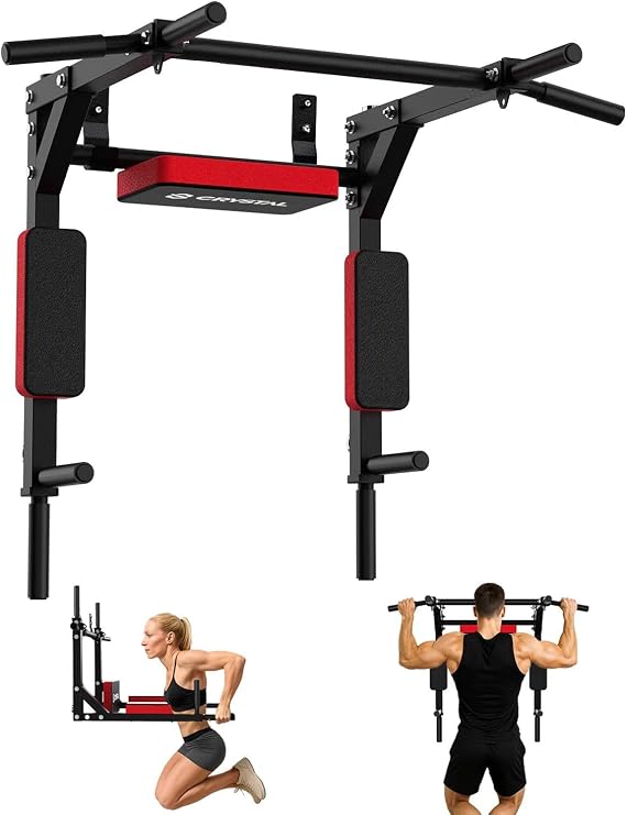 CRYSTAL FIT Wall Mounted Pull Up Bar for Doorway, Multifunctional Chin Up Bar Thickened Steel Supports to 440 Lbs, Indoor Pullup Bar/Upgrade Exercise Bar for Home Workout Portable