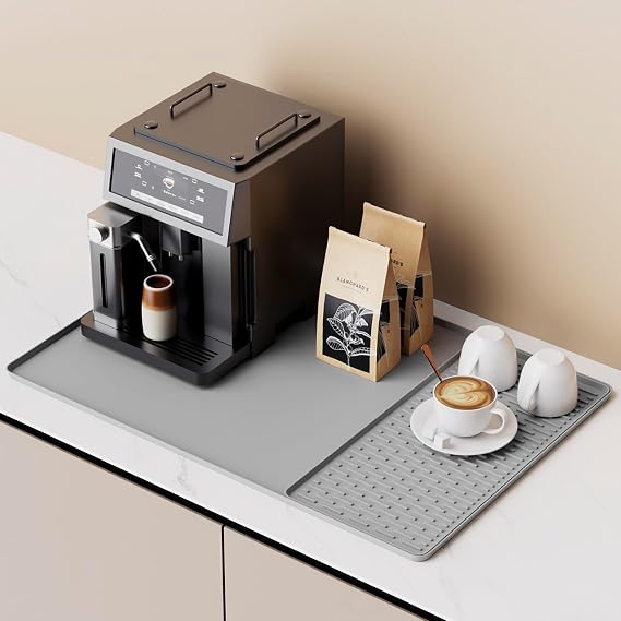 Coffee Machine Mat Silicone Coffee Mat Coffee Bar Mat with Detachable Dish Drying Mat for Kitchen Countertops, Bar Accessories Under Coffee Maker Coffee Machine, Espresso Machine (Grey, 40x60cm)