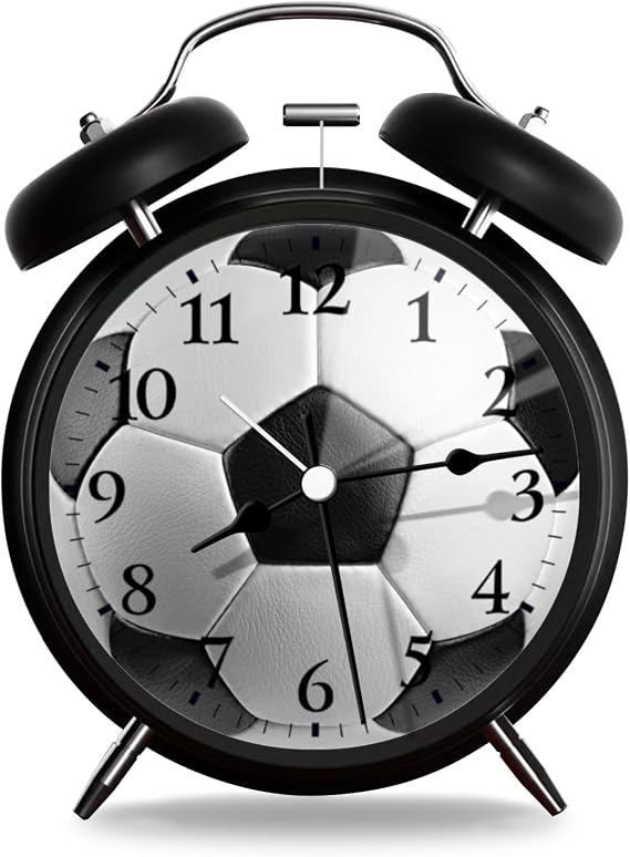Analog Alarm Clock with Night Light,Silent Sweep Movement Battery Powered Compact Table Clock for Bedroom Office-Soccer Ball On White Background
