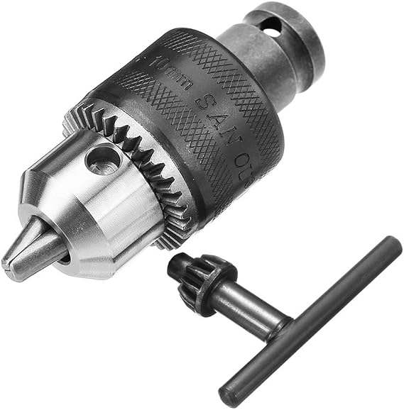 Yakamoz Keyed Drill Chuck,3/8"-24UNF Mount 1.5-10mm Capacity Driver Adapter | 3-jaw self-locking design, with 1/2 Inch Socket Square Female Adapter; for Air Impact Wrench Conversion Tool;DIY machinists