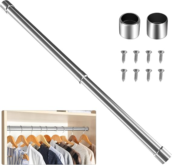 WAENLIR 56cm-100cm Extendable Stainless Steel Wardrobe Rail, Adjustable Clothes Rail Pole With End Sockets