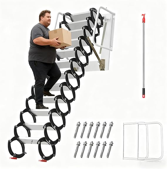 Folding Attic Stairs - 12-Step Pull Down Attic Ladder - Aluminum-Magnesium Alloy Attic Access System with Non-Slip Treads (11.15FT/3.4m)