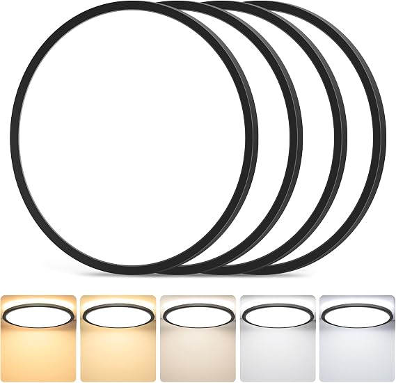4-Pack LED Flush Mount Ceiling Light Fixture, 12In 24W, 3200LM, Super Slim 0.86 Inch, Dimmable & 2700K-6500K 5 Color Selectable LED Ceiling Lights for Bedroom, Kitchen, Laundry and Closet Room, Black