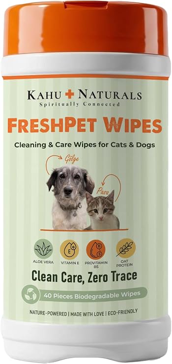 Kahu Naturals Pati, Tüy, Vücut Temizleme Mendili, Kedi ve Köpek, Doğada Çözünür, Aloe Vera, Vitamin E ve B5, Yulaf Proteini, 40 Adet