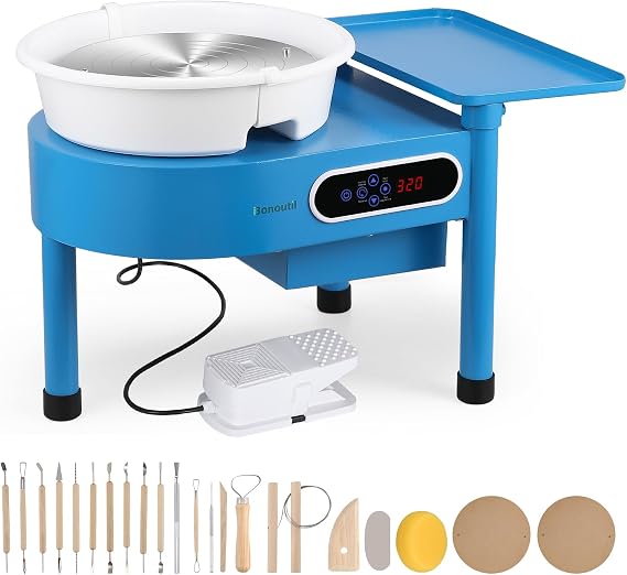 Bonoutil Pottery Wheel Machine-30cm/12in with Bat System LCD&Foot Pedal 0-320RPM Electric Ceramic Forming Wheel Adults Max 20 lbs Capacity 20PCS DIY Sculpting Tools