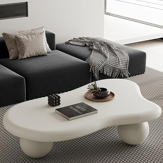 47.2 Cloud Coffee Table with 3 Ball Legs, Modern Irregular Center Table for Living Room, Low Cute Small MDF Tea Table for Bedroom, Space Apartment Cream White