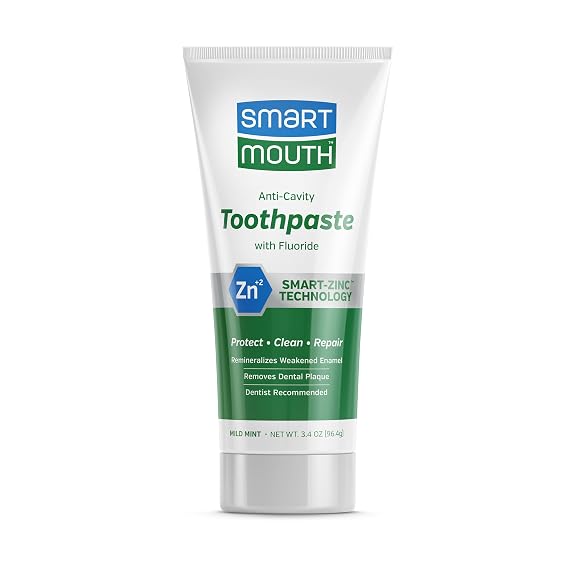 SmartMouth Anti-Cavity + Zinc Toothpaste - Fluoride for Cavity Prevention - Remineralizes Enamel - Sensitive Whitening - Alcohol-Free, Sugar-Free & Gluten-Free - 3.4 oz