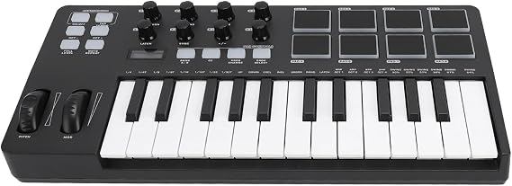 25 Key USB MIDI Keyboard Controller, Integration, Chord Mode Scale Mode, 8 Backlit Drum Pads, Arpeggiator, MIDI Controller for Music Production Software, PC Compatibility