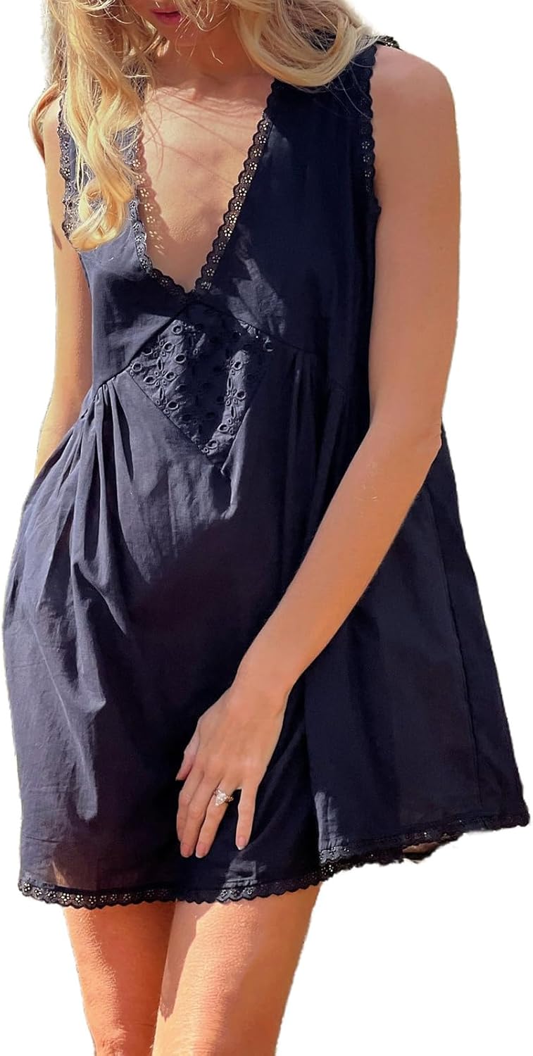 Womens Slip Lace Mini Dress Y2k Aesthetic Summer Flowy Swing Going Out Boho Ruffle Hem Streetwear Short Dresses