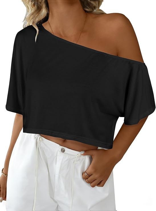 Remidoo Womens Off The Shoulder Tops Short Sleeve Crop Top Asymmetrical Neck T Shirt